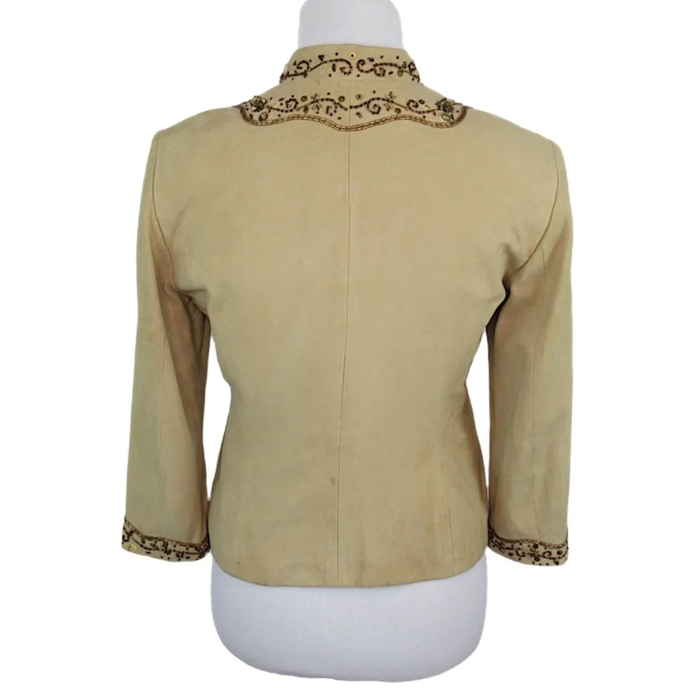 COLE HAAN Tan Suede Beaded Cropped Jacket 3/4 Sleeve Women’s Size Small